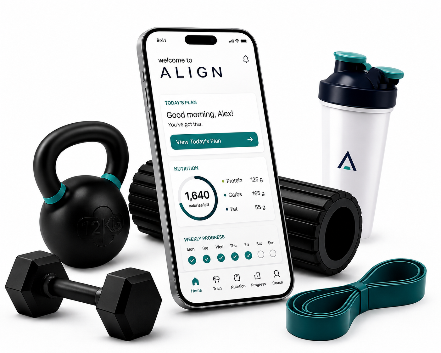ALIGN app on iPhone surrounded by kettlebell, dumbbell, foam roller, resistance band and shaker